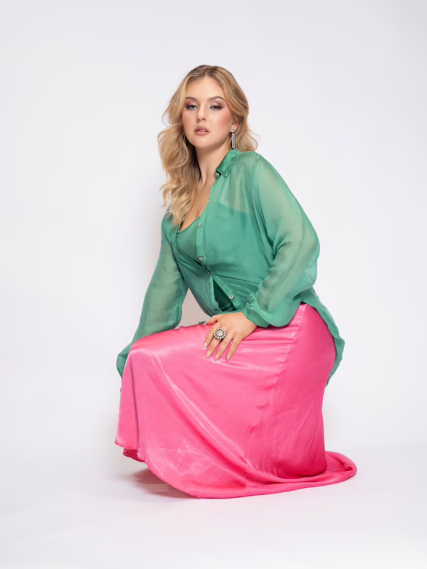 Emerald Chiffon Shirt & Luxe Rose Bias Skirt