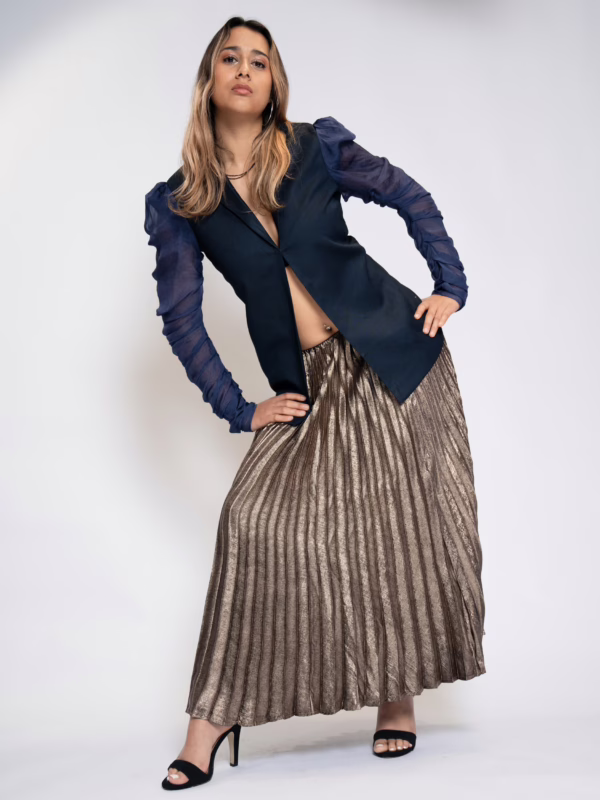 Navy Elegance Blazer & Metallic Dusk Pleated Skirt(2)